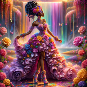 Remix Prompt
S/O Jackie Torres
S/O Panda Locke

create a animated style hyper realistic airbrush whimsical oil painting of a light African American woman wearing a flawless beautiful purple, pink, and gold blossom dress long flowing with colorful flowers and ruffles on the dress colorful jewelry made of flowers she has long black dreadlocks in a bun a colorful rose in her hair her peep toe shoes is matching her dress behind her is a beautiful waterfall liquid glowing lights beautiful colorful rainbow surrounded by beautiful roses.