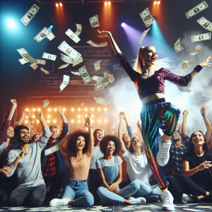 Stripper entertaining crowd with money flying in the air