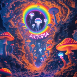 A hyper-detailed psychedelic vertical landscape of a surreal, mi...