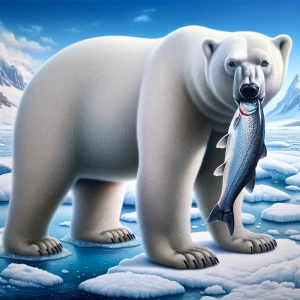 Polar bear with a fish in its mouth, facing the camera,superreal...