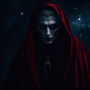 Create a striking digital painting of an ancient vampire whose c...