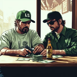 Two men sitting at a table in an urban setting, displaying a ten...