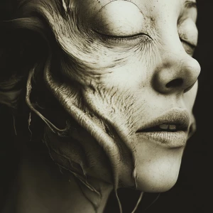 A woman's face transforming into a Allen's snout