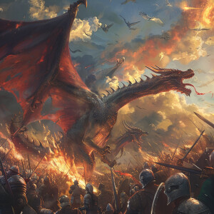 A majestic dragon gracefully flies above a chaotic battlefield,...