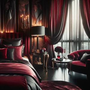 Generate an image of an elegant and luxurious bedroom. The room...