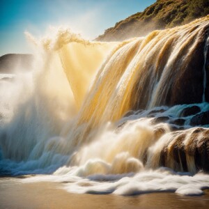 Create an image of a cascading waterfall with waves crashing at...