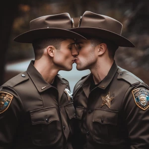 Two male sheriff's deputies in uniform sharing a kiss.