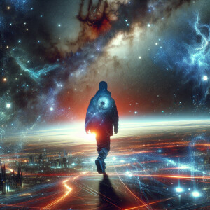Hyperrealistic double exposure galactic wonderer, ultra-detailed...