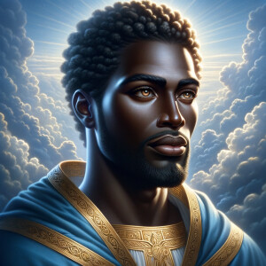 Create a beautiful African-American Jesus Christ with Hazel, brown eyes and blue and gold robe