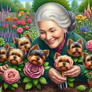 A highly detailed cartoonish caricature of grandma out in a flow...