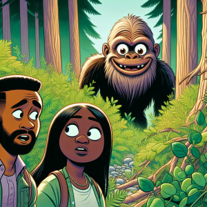 Full veiw of cartoonish Picture of a vacation in the woods with...