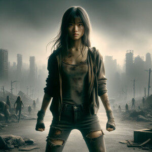 Skinny and thin Asian teen girl wearing skin tight jeans that are worn and frayed, long hair and bangs heroic ready to fight stance