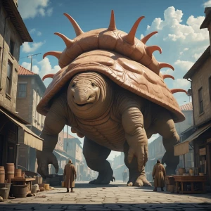 enormous carapace elongated foomble goober carrying a town on it...
