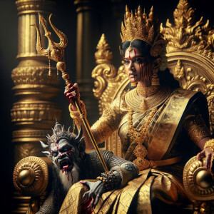 portrait of angry looking goddess durga sitting on a gold crown and carrying a weak mahishasur on her lap and stabbing him with her amazingly designed trident. She is wearing gold armor, a huge gold crown, gold saree, abundant  gold jewelry, covered in blood. The scene is set in ancient India. The image is 8K resolution, cinematic, ultra detailed face and epic.