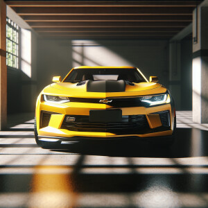 a yelloww chevrolet camaro is parked in a garage, a 3D render by...