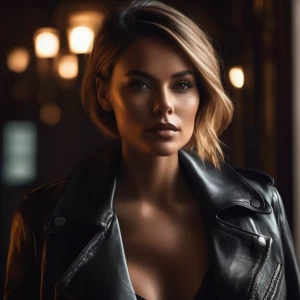 A stylish woman in a leather jacket, her face illuminated by a single, strong light source from the side, casting bold shadows