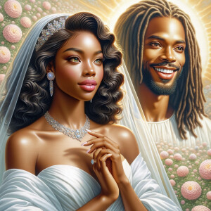 Create a 3-D realistic oil, painting of a beautiful African-American bride. She has long flooring, wavy hair and her gown has beautiful jewels around the neckline. in the background there is a beautiful African-American Jesus Christ with long dreadlocks, and he is smiling. He is very handsome pastel flowers throughout the image.