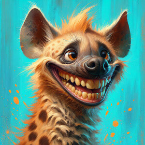A whimsical and lively digital painting of a grinning hyena-like...