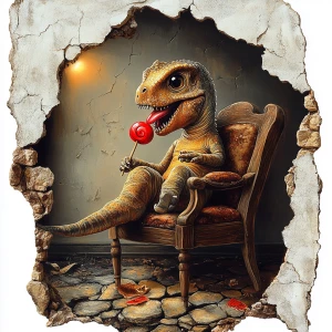 A cute little dinosaur with a guilty expression, is sitting on a vintage reading chair with wooden legs. He has a red lollipop in his hand and is licking it. His tongue shows that he is licking the lollipop. The scene is shown in dark lighting with the light accented on the dinosaur. The scene is shown through a hole in the wall. The floor part of the scene is vintage cobble stones. The hole in the white plaster wall is realistic with some cracks.