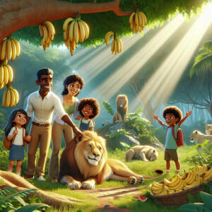 A family in the jungle watches a lion  under a tree, ripe planta...