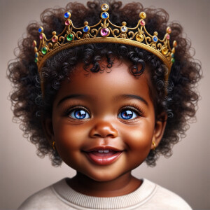 "Create a digital portrait of an adorable african-American baby girl with a joyful expression. She is wearing a gold crown with colorful jewels. Her big, bright blue eyes are wide with wonder, and her tiny mouth is shaped in a happy grin. Her skin has a warm, honey-brown tone, and she has an abundance of thick curly black hair, The background is soft and neutral to keep the focus on her delightful features. The portrait should be vibrant and heartwarming, celebrating the innocence and charm of childhood."