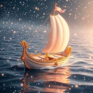 A gleaming skiff adorned with gilded accents sails amidst a sea...