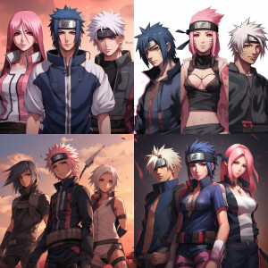 Create a 1980's version of the anime series Naruto Uzamaki, Sasu...