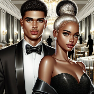 A light skin African American couple at a fancy ballroom event....