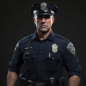 Create an image of a Caucasian, middle-aged male police officer,...