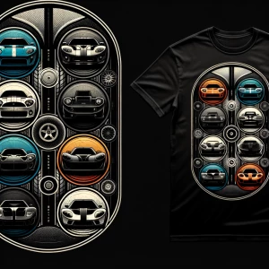 Front Design: 
A black t-shirt with a circular queue of luxury c...
