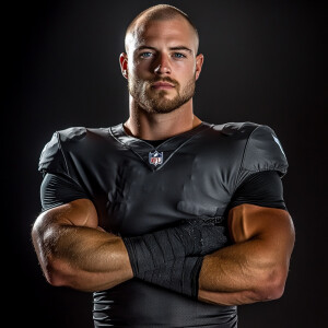 Create a whole body portrait image of a  football player at age...