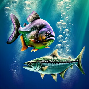 Purple lime piranha no teeth playing with a purple barracuda