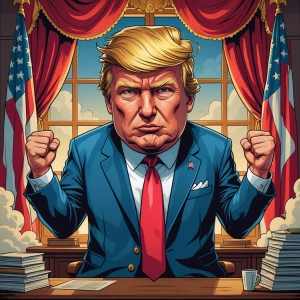 pumped up donald trump in carton and satiric style