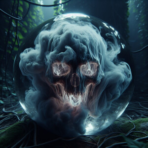 A glass orb, inside glowing smoke in the shape of a face,  overg...