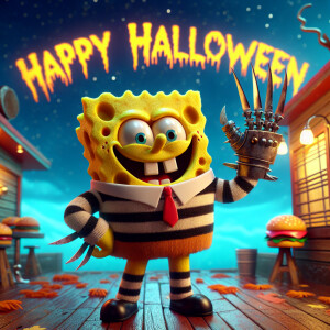 SpongeBob SquarePants is dressed as Freddy Krueger, complete wit...