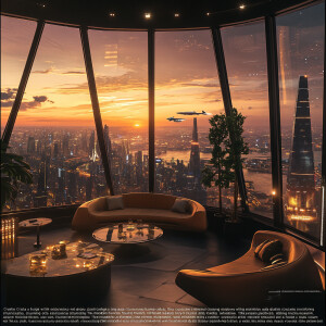 "Create a futuristic lounge with large, curved glass windows ove...