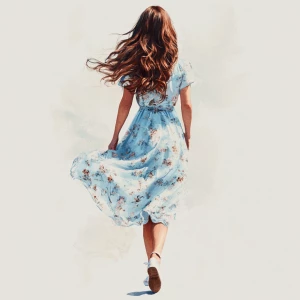 Create an image of a tall woman whose long, wavy brown hair casc...