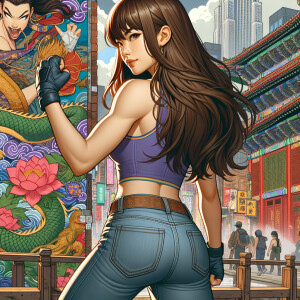 Attractive, Asian teenage girl, long brown hair and bangs, wearing tight skinny jeans and a halter top paint marks on her clothing, backside view heroic pose Asian graffiti