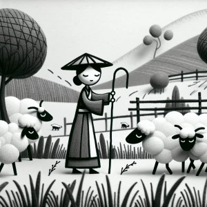 A stick figure shepherd, wearing a curved hat and holding a long...