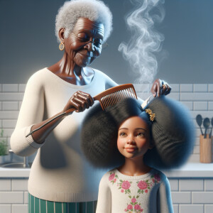 Create a realistic 3-D image of an african-American grandmother in the kitchen with her african-American granddaughter. The grandmother has a hot comb in her hair and she is straightening her granddaughters hair. One side of her granddaughters hair is in  a Afro the other is bone straight 
There is smoke coming from the hot comb