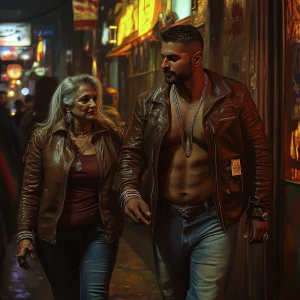 Photorealism,fantasy,a bodybuilder man ,walking with his 50 year...