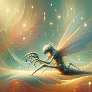 Create a piece of art depicting an extraterrestrial insect-like...