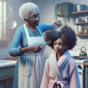 Create a realistic 3-D image of an african-American grandmother wearing a blue house dress and a white apron . She is in the kitchen with her african-American granddaughter. Her granddaughter is wearing a pink bath robe. The grandmother has a hot comb in her hand and she is straightening her granddaughters hair. One side of her granddaughters hair is in  a Afro the other straight 
There is smoke coming from the hot comb
The granddaughter is making a face