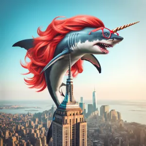 Half unicorn half shark  dancing with party glasses on the Empir...