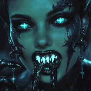 A hyper-realistic gothic digital painting of a vampire woman. He...