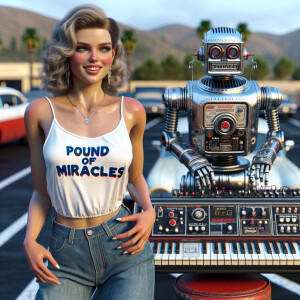 Photorealistic. A stunning 24-year-old woman dances with a retro...