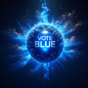 A blue fire ball with the words "VOTE BLUE".