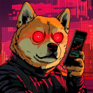 DOGE MEME with red lasers from eyes eyes, blank stare, holding a...