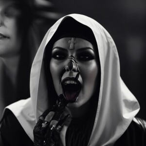 A dark, monochrome film grain photo featuring a woman in a nun's...