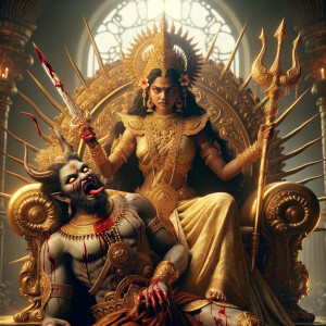 portrait of angry looking, gorgeous goddess durga sitting on a gold crown and carrying a weak mahishasur on her lap and stabbing him with her amazingly designed trident. She is wearing gold armor, a huge gold crown, gold saree, abundant  gold jewelry, covered in blood. The scene is set in ancient India. The image is 8K resolution, cinematic, ultra detailed face and epic.